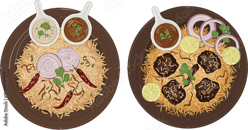 Traditional Biryani Plate with Side Dishes and Garnishes for Indian Cuisine, Food, and Restaurant Designs