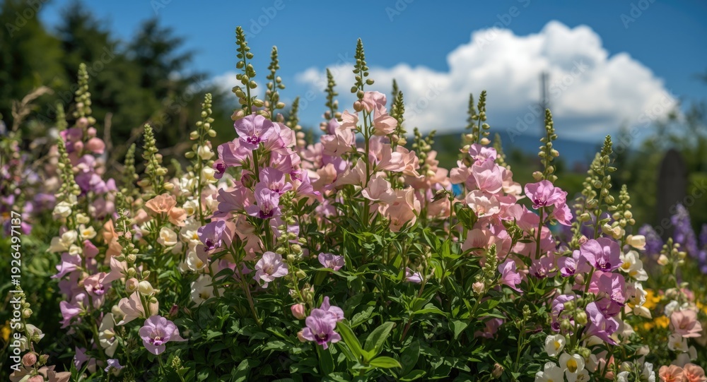Obraz premium Sweet pea plants blooming abundantly in a sunny garden corner