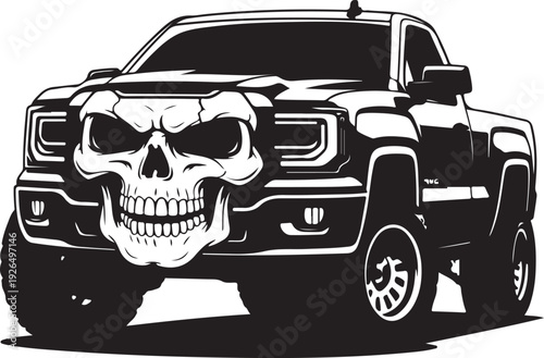 Black truck with skull on front grille headlights
