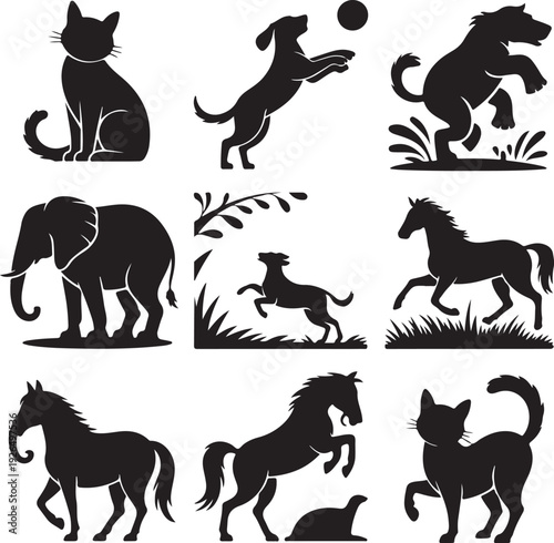 black silhouettes of various animals on white background