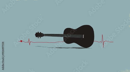 A black guitar silhouette superimposed on a red heartbeat line. A heart is placed at beginning
