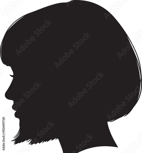 Profile silhouette of a woman's head with a stylish bob haircut, isolated on a white background, representing beauty, fashion, and identity.