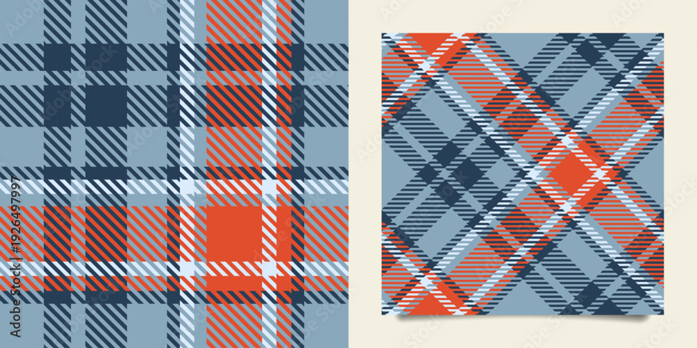 Fototapeta premium Modern slate blue and vibrant orange geometric plaid design