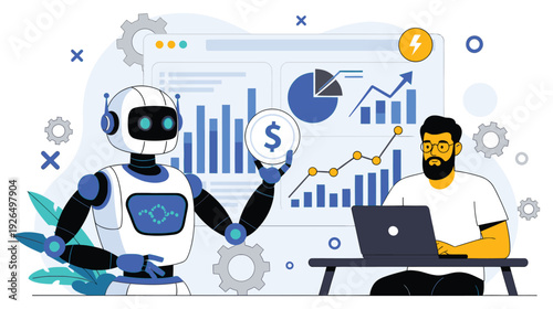 A man working on a laptop alongside a robot analyzing financial data