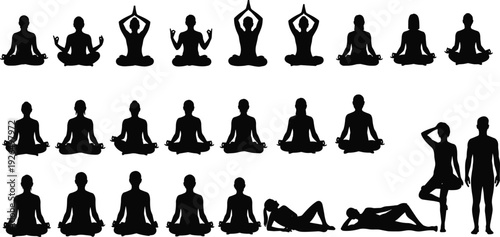 Yoga and meditation silhouettes collection showing calm poses, mindfulness practice, relaxation, spiritual balance, wellness routine, fitness and healthy lifestyle concept