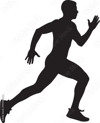 Silhouette of a male athlete running at full speed, captured in a dynamic pose, representing fitness, sports, and competition.