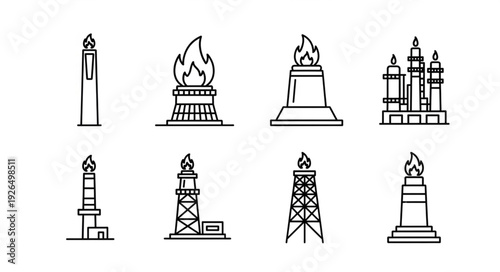Collection of industrial oil refinery towers with flames and smoke, vector illustration.