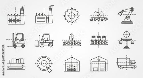 Industrial manufacturing and production process line icons and symbols.