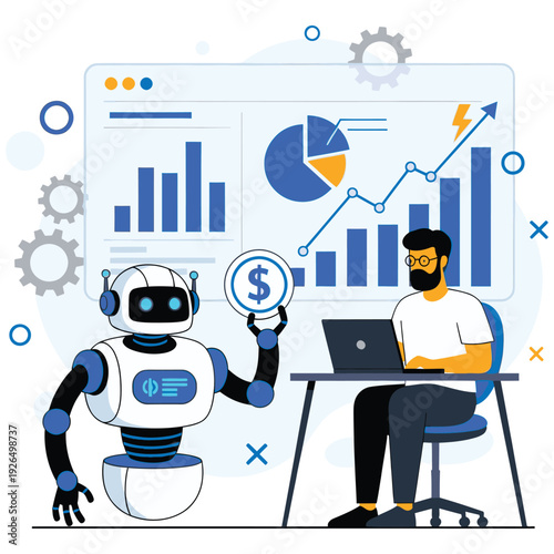 A robot holding a dollar sign sits next to a man analyzing financial charts