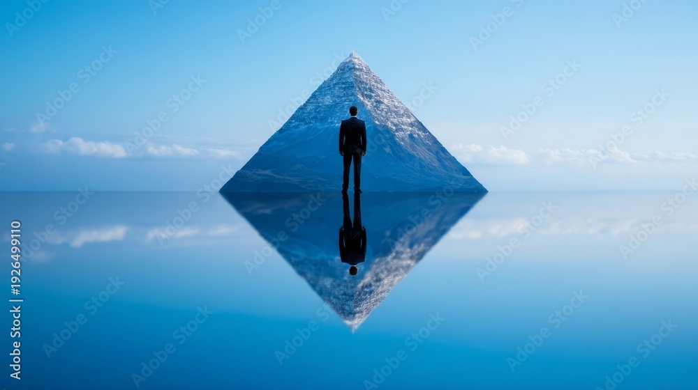 Fototapeta premium market outlook, economic forecast, risk management, Strategic Risk Management in Market Forecasting: Glass Pyramid Reflecting Dual Realities with Executive Figure