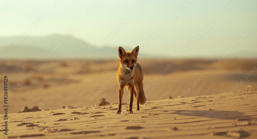 Fototapeta premium Alert fox standing quietly on desert sand expanse