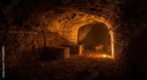 Old burial chamber illuminated from inside with warm light