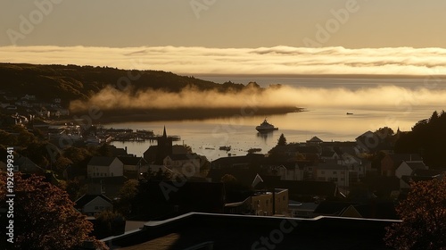 Peaceful Coastal Town Silhouette at Sunset with Mist over the Harbor and Hills