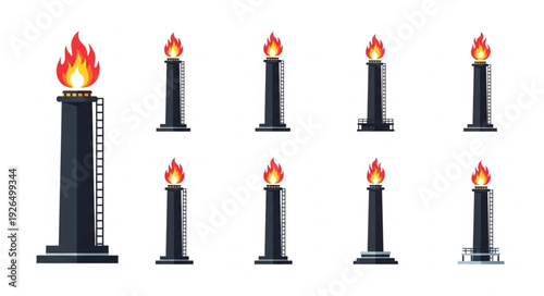 Collection of burning torches with flames in a variety of designs and styles.