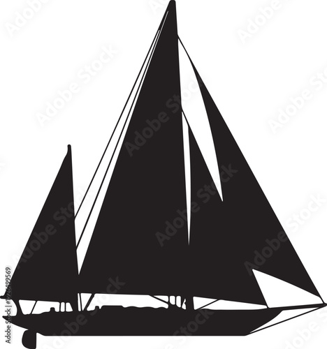 Detailed black silhouette of a classic sailing yacht with multiple sails unfurled, isolated on a white background, evoking adventure and maritime travel.