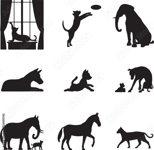 black silhouettes of various animals playing and interacting
