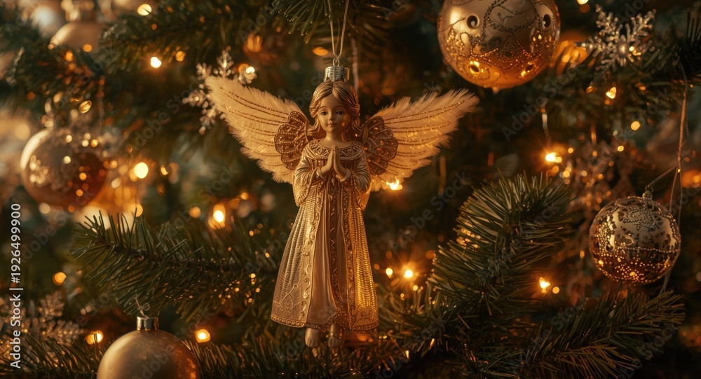Obraz premium Beautifully dressed Christmas tree showcasing a retro angel ornament surrounded by glowing golden decorations