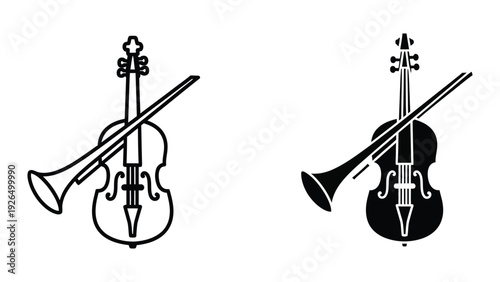 Black and white illustration of two violins with trumpets
