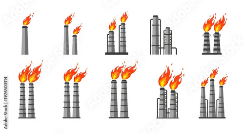 Industrial chimneys with flames emitting smoke, representing pollution and energy production.