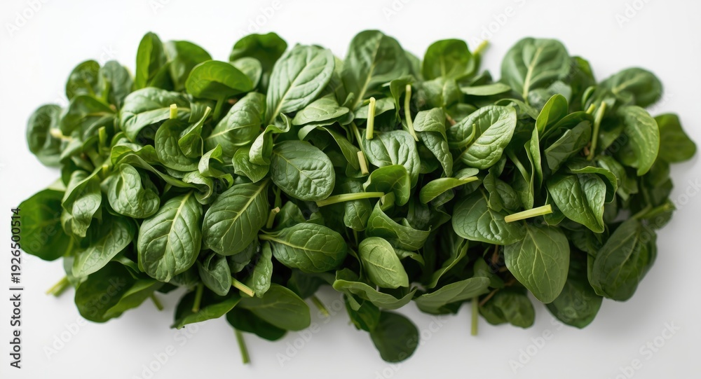 Fototapeta premium Whirling cluster of green spinach leaves with white plain background