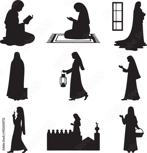 Islamic silhouettes of women in various activities and poses  Muslim women in traditional clothing