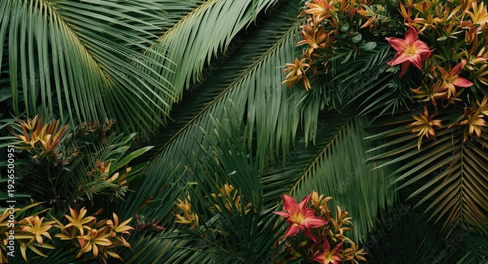 Obraz premium background texture of layered palm leaves and vibrant tropical seasonal foliage