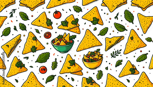 nachos and herbs vector seamless pattern background design