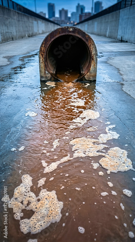 Rusty industrial drain pipe discharging brown polluted water and foam. Urban sewage and environmental contamination concept