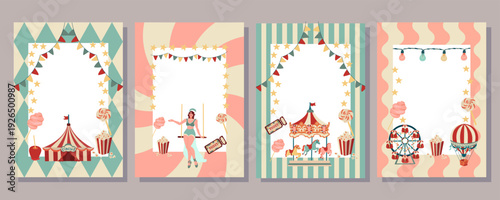 Vintage Carnival Poster Set. Circus Rides Treats