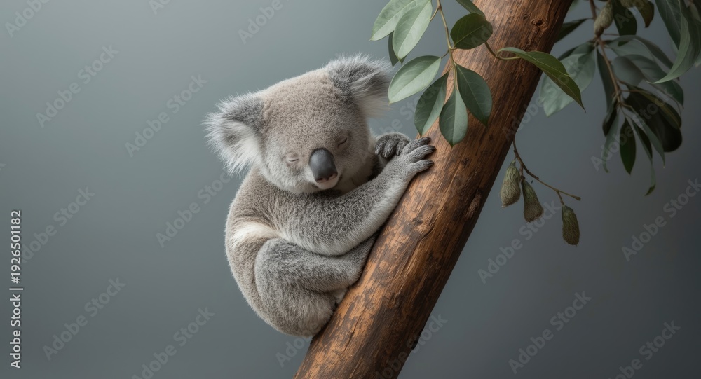 Fototapeta premium Peaceful koala baby wrapped around eucalyptus branch