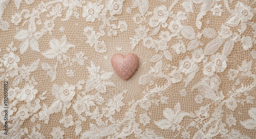 Delicate lace cloth surface with heart object displayed for copy space use