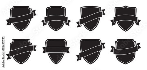 Vintage blank shield badge logo set with ribbon banners, Heraldic crest emblem collection vector