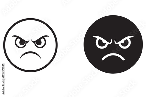 Angry Face Emoticons Set, Black and White Grumpy Emoji Icons, Mad Expression Vector