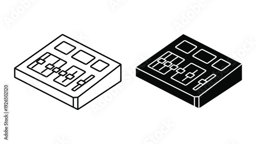 Two 3D microchip icons in black and white