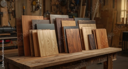 Different particle board panels displayed for furniture making and woodworking