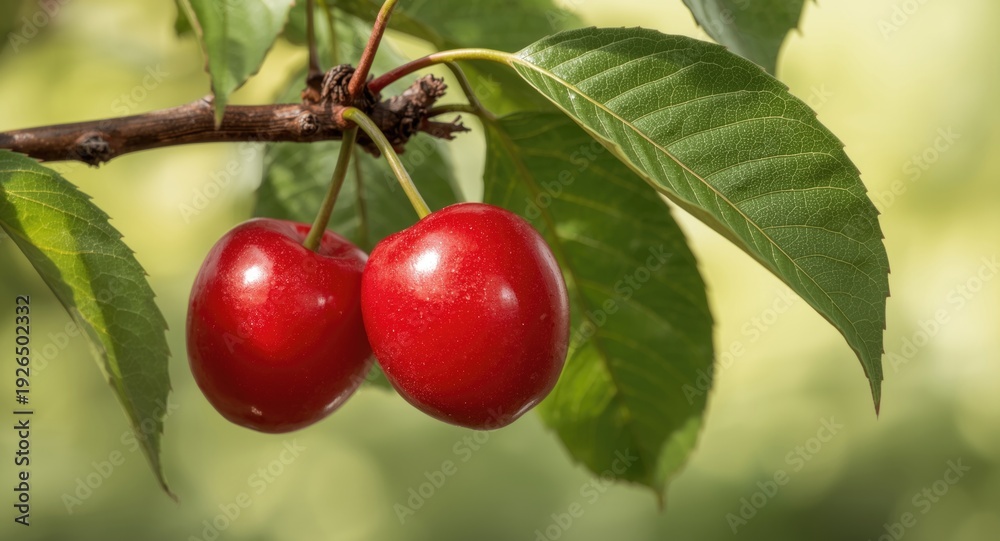 Obraz premium Bright red cherry plum fruit on flourishing tree branch