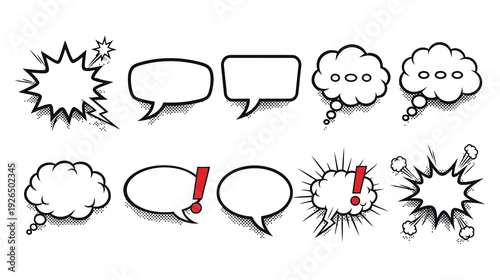 A variety of comic-style dialogue and action speech bubbles