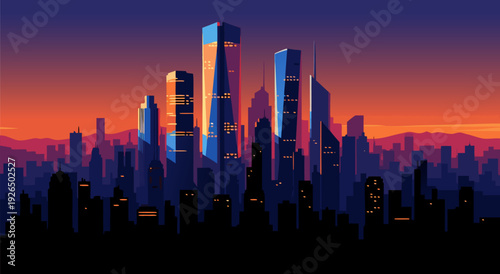 Stylized City Skyline with Skyscrapers in Sunset Vector Illustration