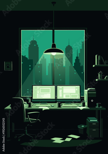 Vector Illustration of Dimly Lit Desk with Computer and Nighttime Cityscape Backdrop