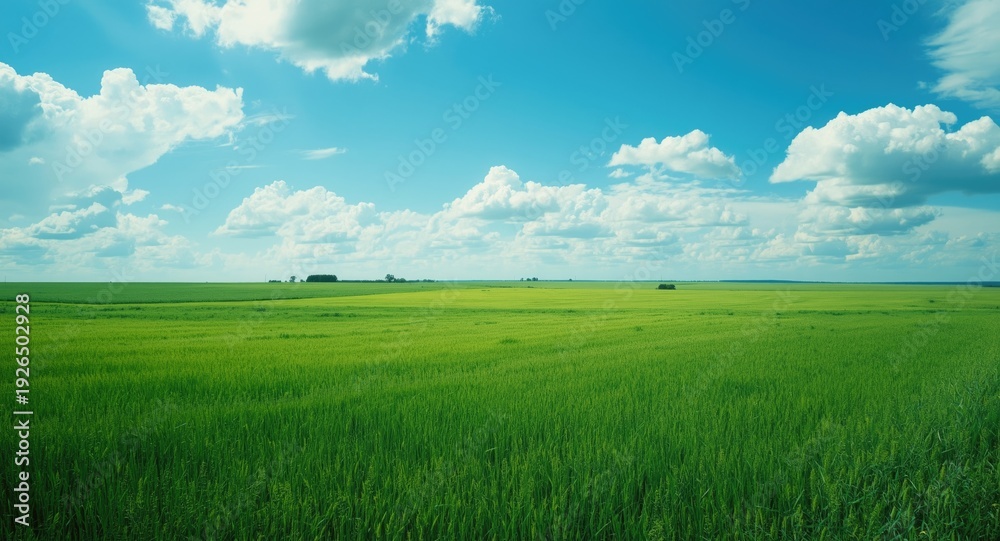Obraz premium Natural green field panorama under a bright blue sky and light clouds