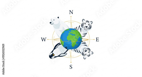 Earth globe with polar bear panda and tiger surrounded by compass