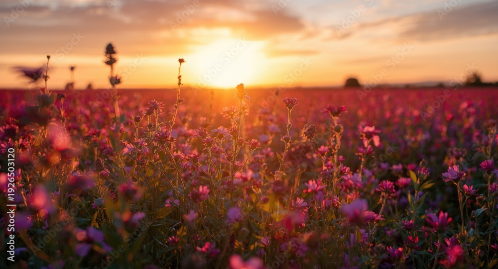 Obraz premium Flower filled plain radiating warmth from setting sun