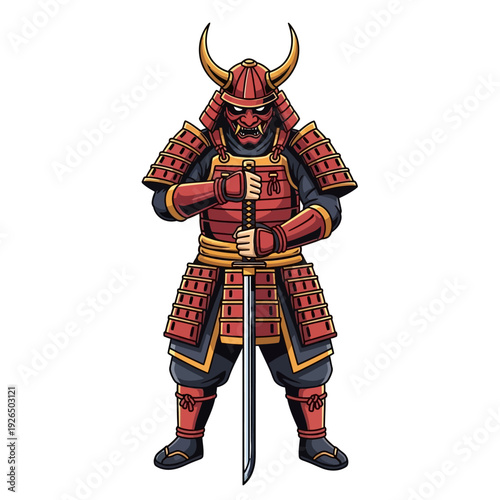 Japanese Samurai Warrior in Traditional Armor Holding Katana Sword - Illustration