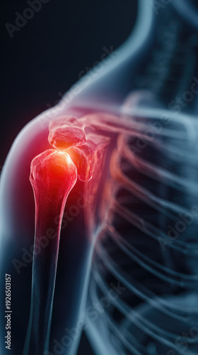 Anatomical shoulder joint with inflammation highlight