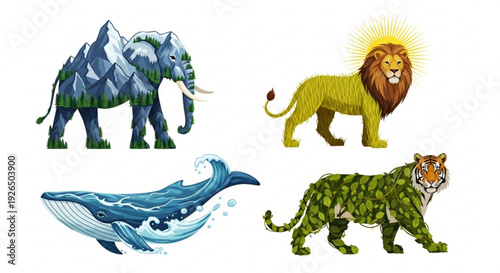 Collection of colorful endangered species illustrations featuring mammoth lion whale and tiger on white background