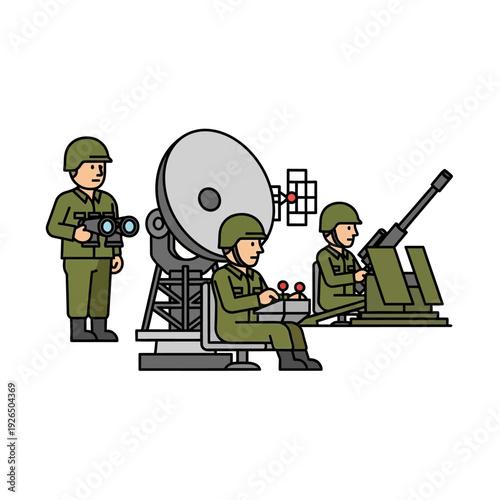 Military radar station with soldiers operating defense system and anti-aircraft gun.