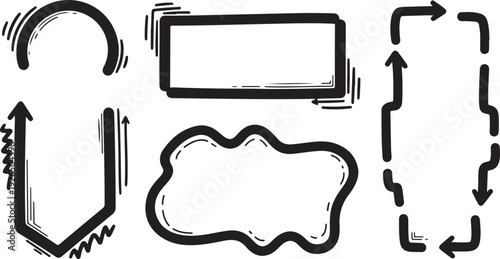 A collection of four black and white abstract shapes with arrows