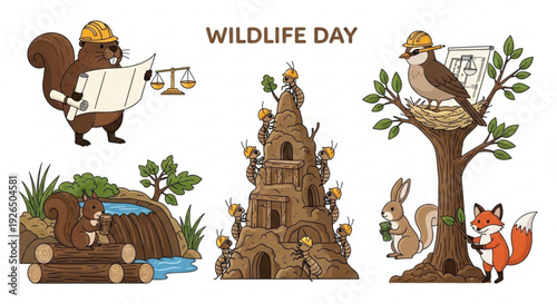 Wildlife day illustrations featuring animals in hard hats working together on environmental projects with trees and water