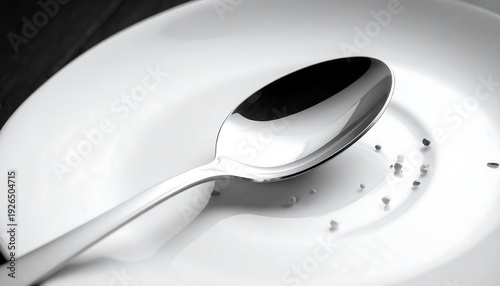 A close-up, grayscale shot featuring a polished metal utensil resting on a pristine, white, circular dish. Small specks are scattered