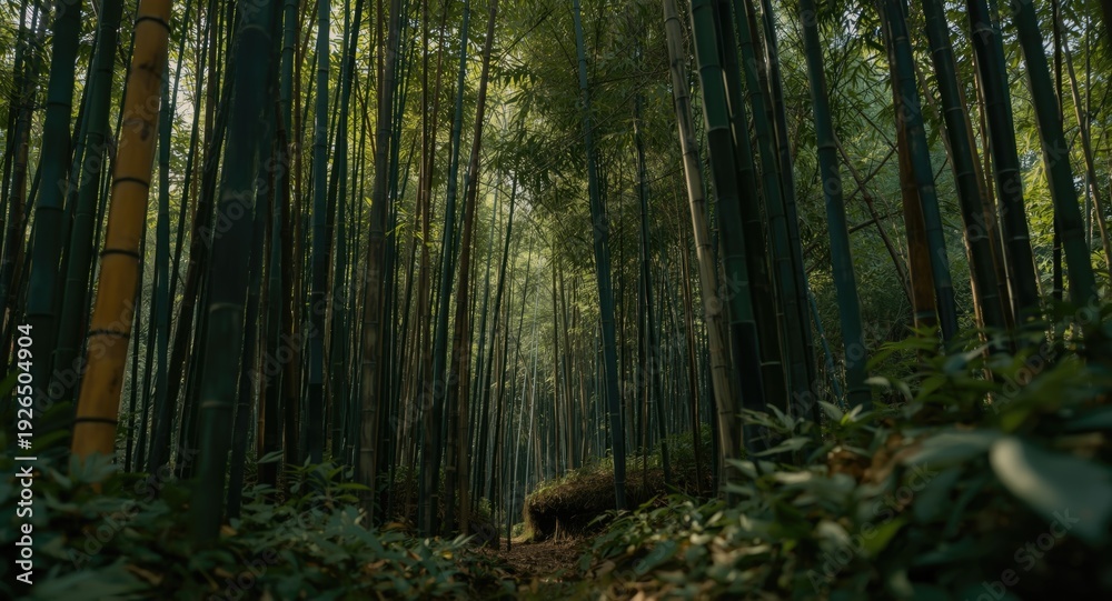 Obraz premium Peaceful bamboo thicket seen from the forest floor